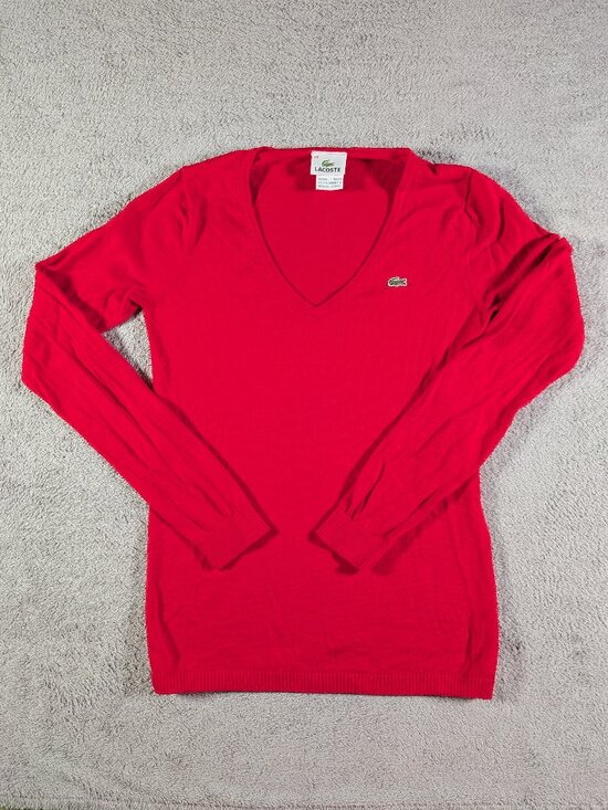 Lacoste Tops - Lacoste Women's Red 100% Cotton V-Neck Sweater Size 38 (S/M)